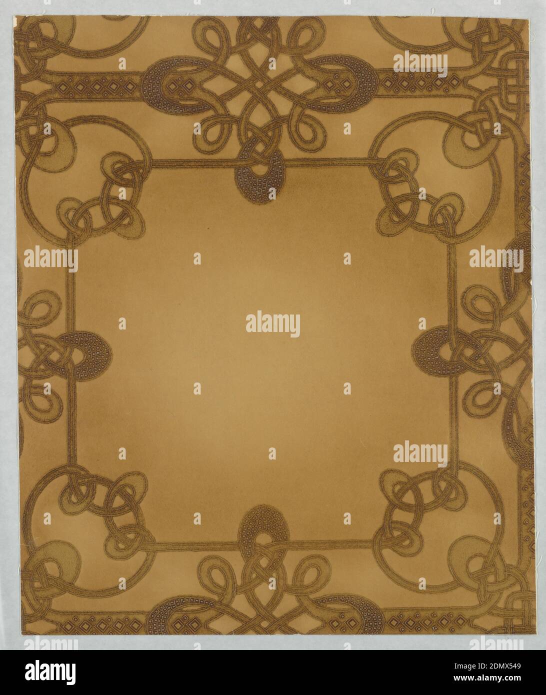 Sidewall, Block-printed paper, embossed, hand-rubbed oil finish, Imitation leather. Geometric design of interlacing strap work studded bands in both curves and straight lines around a large voided central panel. Field is plain. Entire design is embossed and is antiqued by hand., USA, 1920, Wallcoverings, Sidewall Stock Photo
