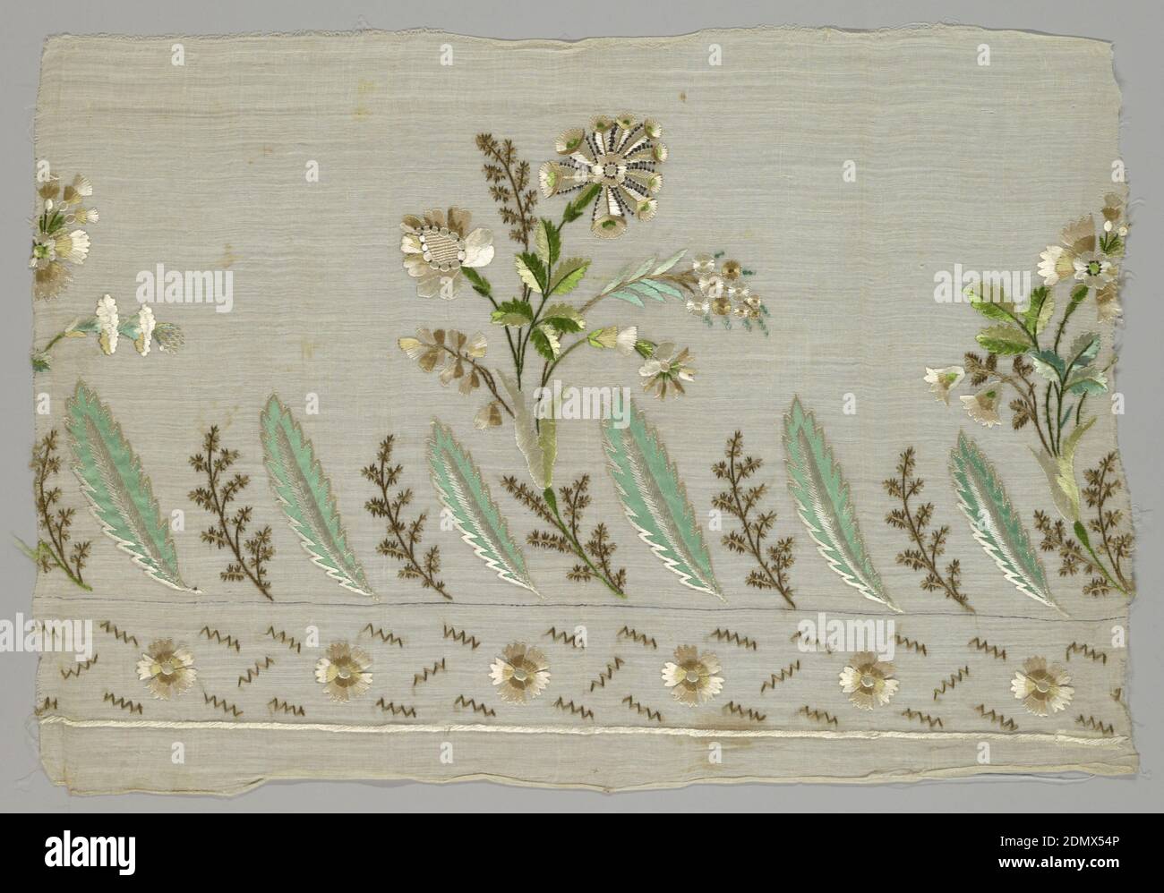 Border, Medium: linen, silk Technique: long floating satin stitch and applique on plain weave, Part of a border, probably for a dress, with a main section composed of vertical lancet leaves alternating with a floral sprig. Every third sprig is the stem for a large exotic flower reaching up into the field. Narrow lower band a repeat of small rosettes and short bands. Colors are predominantly green, tan and brown on a natural linen ground., France, 19th century, embroidery & stitching, Border Stock Photo