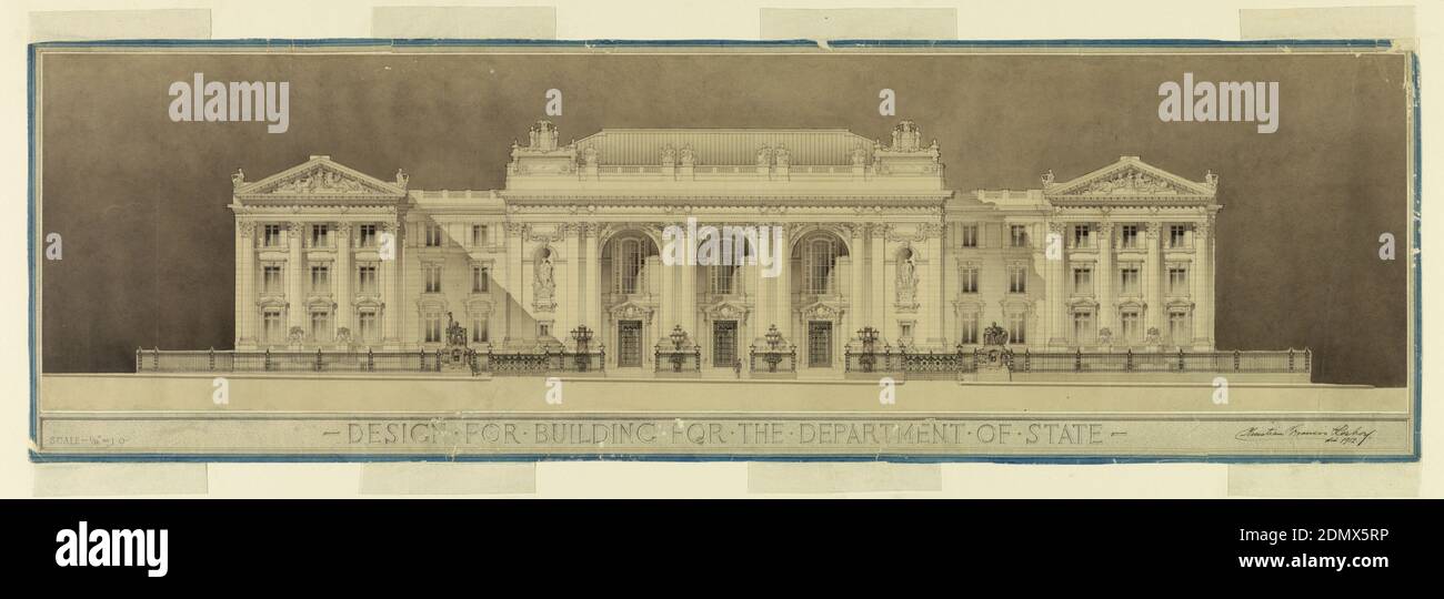 Design for building for the department of state, Pen and black ink, brush and grey wash, graphite on paper, Large classical building, porticoed facade and pedimented wings. Below: DESIGN FOR BUILDING FOR THE DEPARTMENT OF STATE; lower left: SCALE - 1/16' = 1'0., USA, 1912, architecture, Drawing Stock Photo