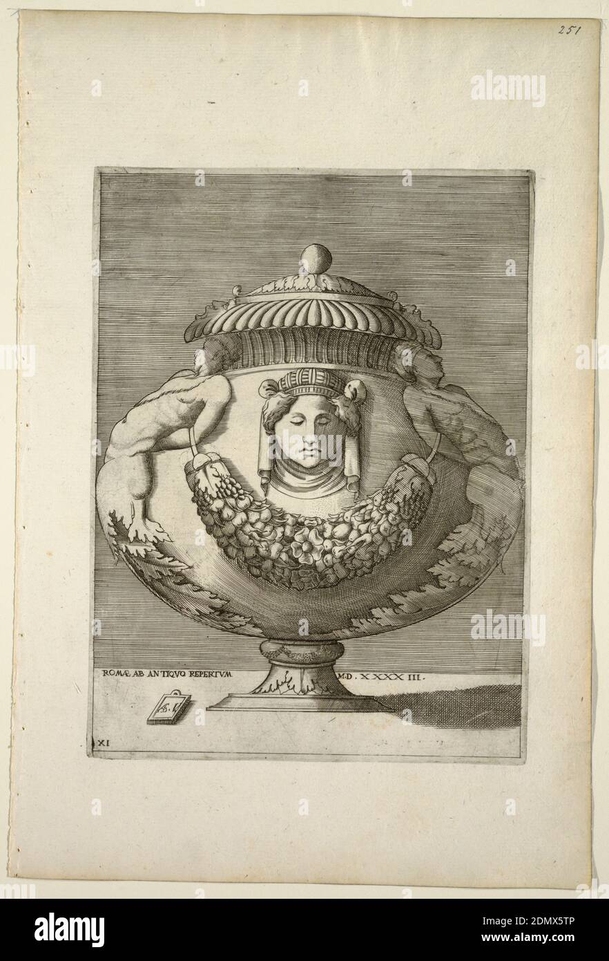 Vase Decorated with Figures, Rinceaux, and Festoons, Enea Vico, Italian, 1523–1567, Engraving, Vertical rectangle. Covered vase with bulbous body rests upon pedestal base. A ball finial, gadrooning and fluting are at top. Body decorated with a central female mask below which is a garland of fruits and flowers suspended by two half-figures located on each side whose bodies terminate in acanthus leaves., Italy, 1543, ornament, Print Stock Photo