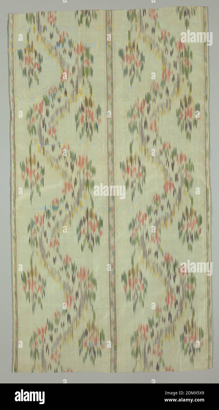 Textile, Medium: silk Technique: warp printed plain weave, Panels from a skirt made of lightweight taffeta with chiné warp producing Louis XV design of vertical bands, each containing large serpentining floral band with small floral form dropping from each outward curve below, and each set off by guard bands. Greens, yellows, corals, brown, mauve on an undyed ground., Spain, 18th century, printed, dyed & painted textiles, Textile Stock Photo