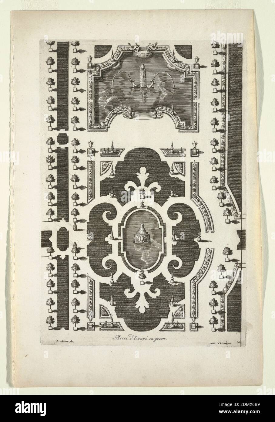 Design for a Garden Parterre of Cut Grass and Colored Gravel, from 'Nouveaux Livre de Parterres,' in Oeuvres Du Sr. D. Marot..., The Hague: Chez Pierre Husson, c.1702, Daniel Marot, French, active in the Netherlands and England, 1661–1752, Daniel Marot, French, active in the Netherlands and England, 1661–1752, Etching on cream laid paper, Symmetrical arrangement of parterres de broderie in desgin of fleur-de-lis and cartouches. The spaces between filled witih colored sand or gravel. At upper center, a reflective pool with fountain flanked by putti spewing water. Borders of vertical grass Stock Photo