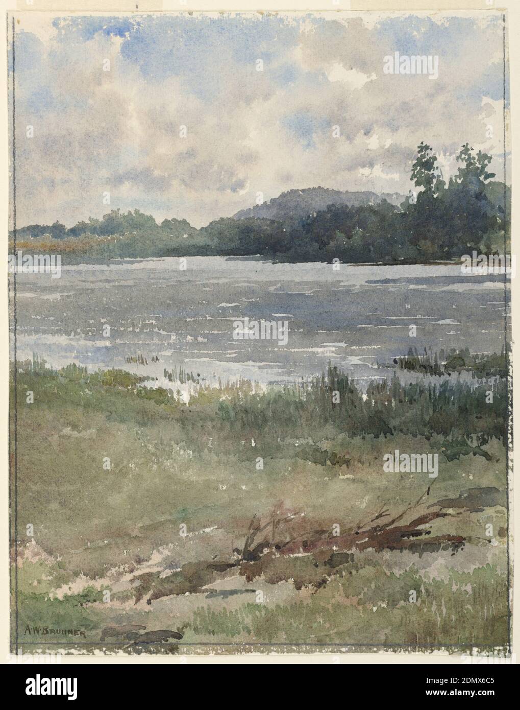 Lakeside Landscape, Arnold William Brunner, American, 1857–1925, Brush and watercolor, three borders ruled in graphite on off-white wove paper., View, from grassy shore in the foreground, of a lake with trees and dense foliage on far shore, and low hills in the background. Partly cloudy blue sky above., USA, ca. 1890, landscapes, Drawing Stock Photo