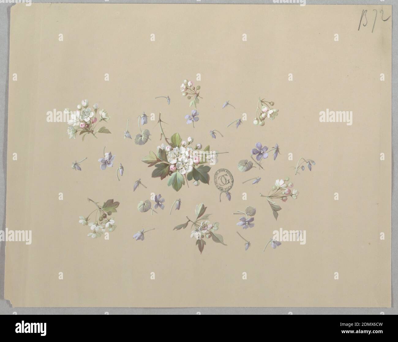 Design for Wallpaper and Textiles: Flowers, Brush and gouache on cream paper, Cluster of white flowers and foliage at center of page surrounded by single flowers in a light purple gray shade. Surrounding this, six smaller clusters of white flowers and foliage, forming a horizontal oval shape., France, 19th century, wallpaper designs, Drawing Stock Photo