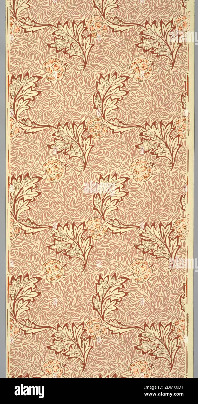Apple, Jeffrey & Company, 1836–1930 London, England, William Morris, ( British, 1834–1896), Block-printed on paper, Allover pattern of pink leaves on thin branches, overlapping large dark pink leaves and orange-colored apples composed of Apple, Jeffrey & Company, 1836–1930 London, England, William Morris, ( British, 1834–1896), Block-printed on paper, Allover pattern of pink leaves on thin branches, overlapping large dark pink leaves and orange-colored apples composed of