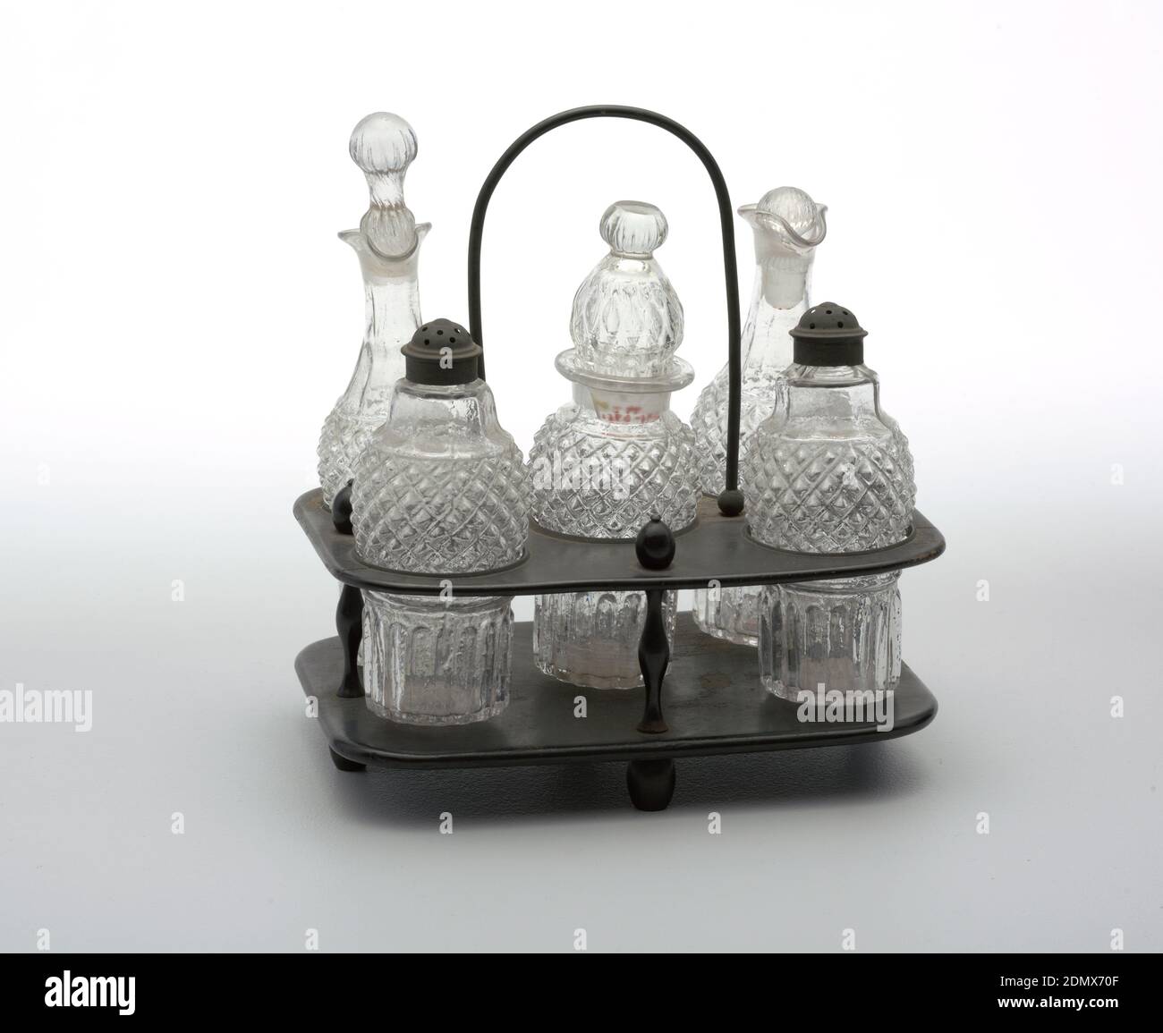 cruet/stand, glass, 2 cruets with glass stoppers, salt & pepper shaker