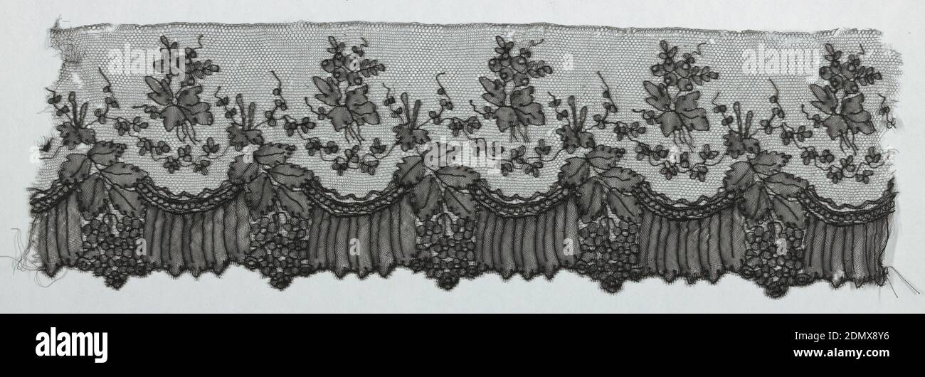Fragment, Medium: silk Technique:, Flowering sprays placed alternately upward and downward and joined by a serpentine stem with leaves., England, mid-19th century, lace, Fragment Stock Photo