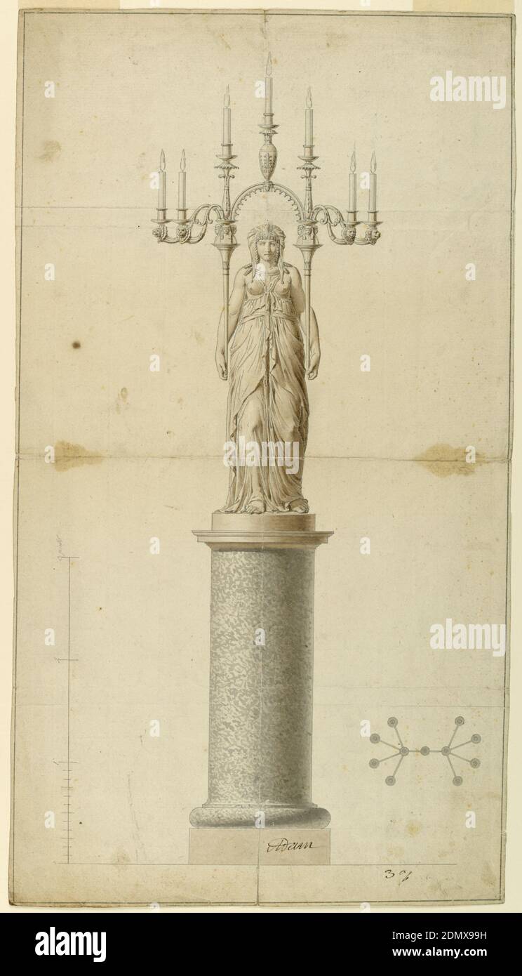 Design for a Candelabrum, Graphite, pen and black ink, brush and sepia wash, black ink on paper, A woman standing on a column supports both handles of a stand with seven sockets (meant to be eleven) holding burning candles. Four sockets are decorated with lion heads and other three with stylized foliage. Lower right, perspective diagram shows all eleven sockets with arms; left is scale., France, ca. 1810, lighting, Drawing Stock Photo