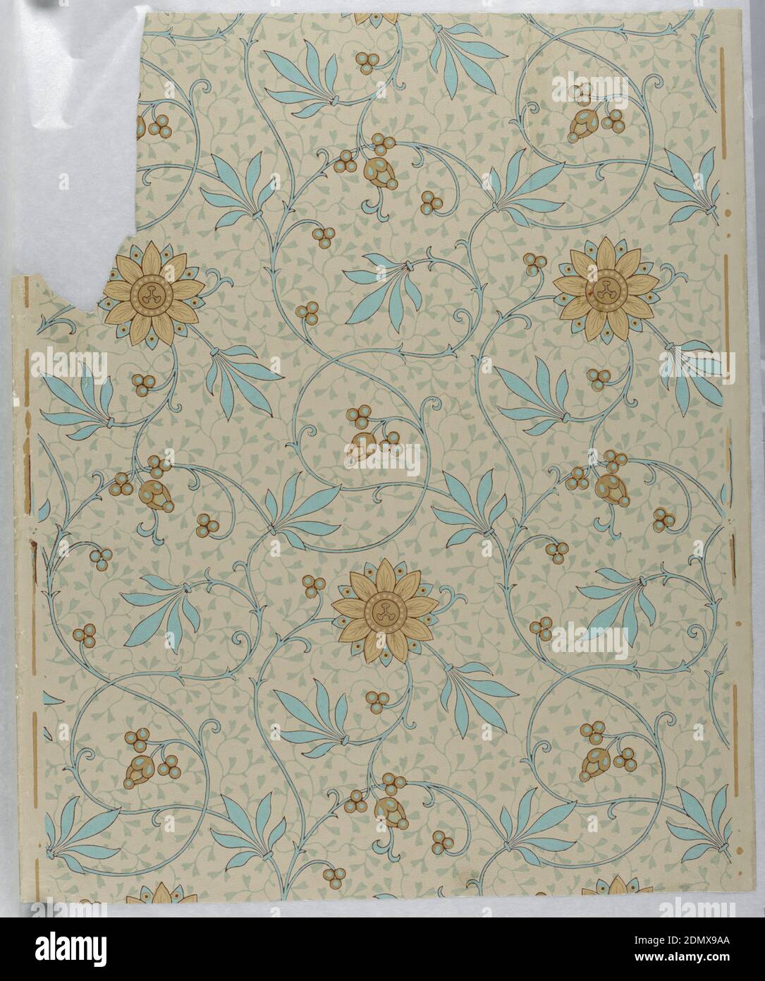 Sidewall, Block-printed paper, Full width, giving slightly more than one repeat of slender vine pattern of conventionalized passion-flowers, against secondary all-over pattern of foliation. Paper embossed with a pebble figure., probably England, ca. 1875, Wallcoverings, Sidewall Stock Photo