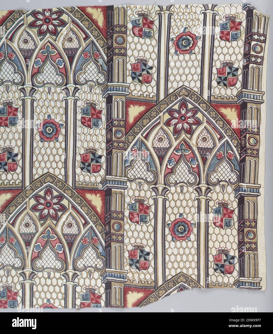 Textile, Medium: cotton Technique: block printed on plain weave, Pattern is comprised of pointed stained glass windows and arches of a church in the Gothic style. Outline of leaded glass probably roller printed while the balance is block printed. Design shows arched windows in three sections with rosettes and blazons in brown, red, blue, yellow and black., Cummersdale, England, ca. 1838, printed, dyed & painted textiles, Textile Stock Photo