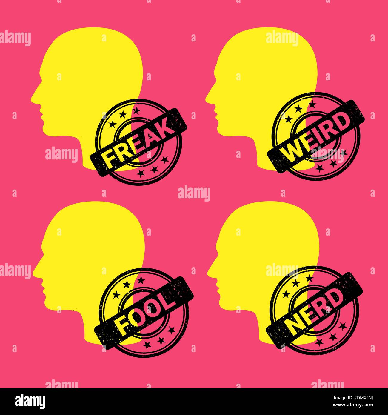 Freak, weird, fool, nerd - male, man and person is labelled by rubber stamp. Strange personality and character. Vector illustration Stock Photo