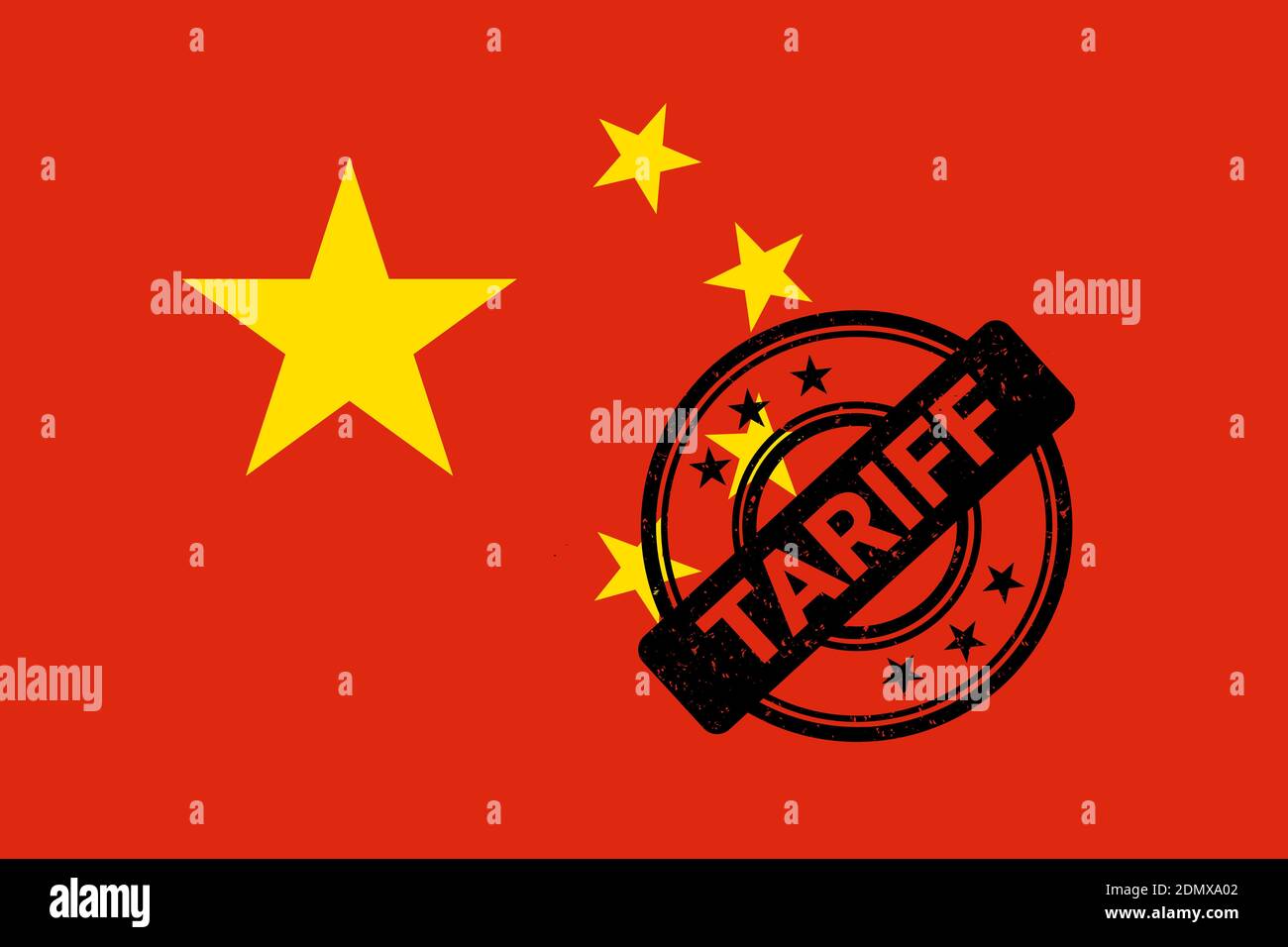 Tariff rubber stamp over Chinese flag tariff, tax, duty and customs