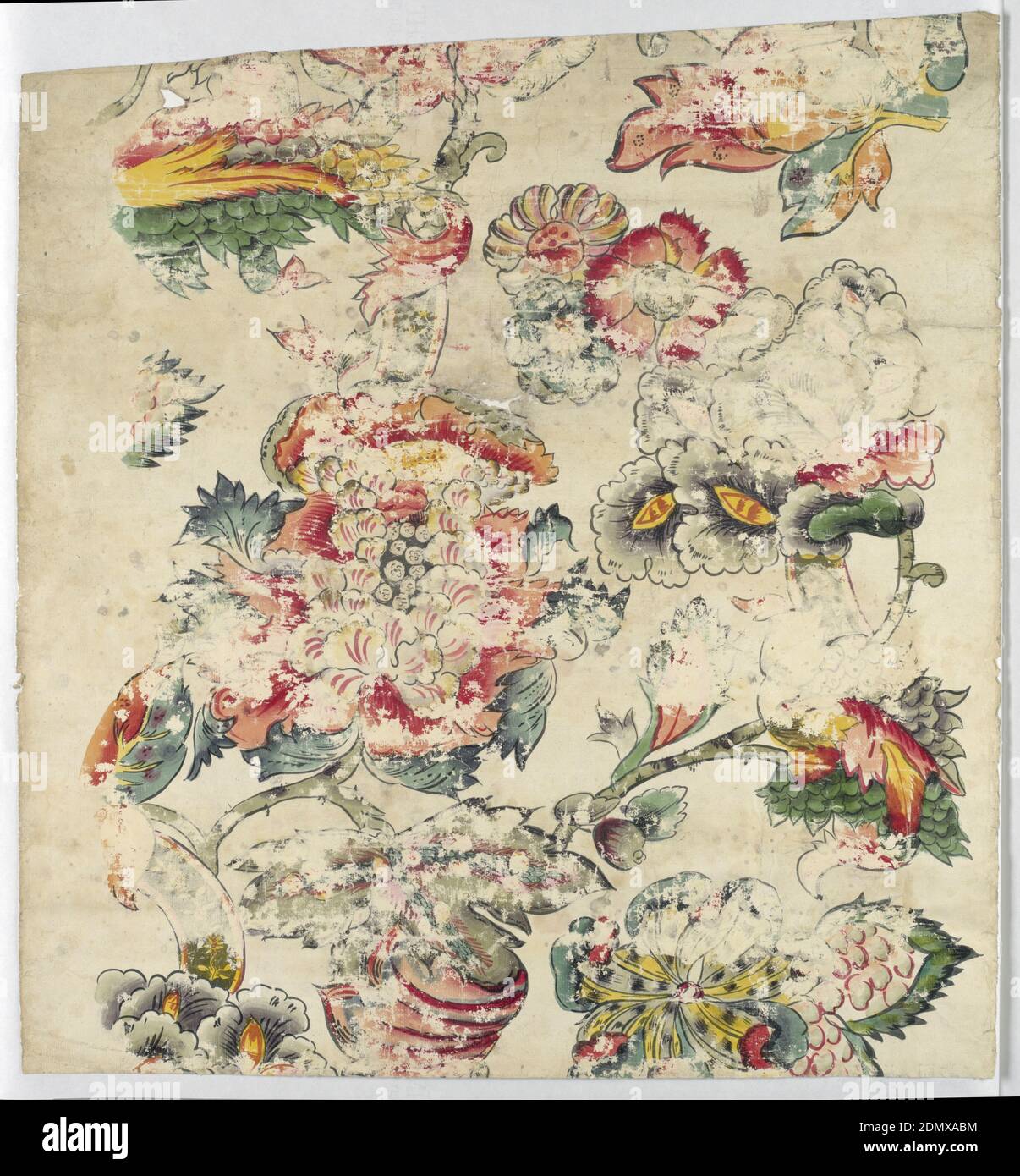 Sidewall, Ink and water color on handmade paper, Large, fantastic flowers connected by branches, in the manner of chintzes; polychrome, with black contours, on unpainted ground. Paint rubbed off on numerous places. On back: excise stamp with faintly visible G R., England, ca. 1730, Wallcoverings, Sidewall Stock Photo