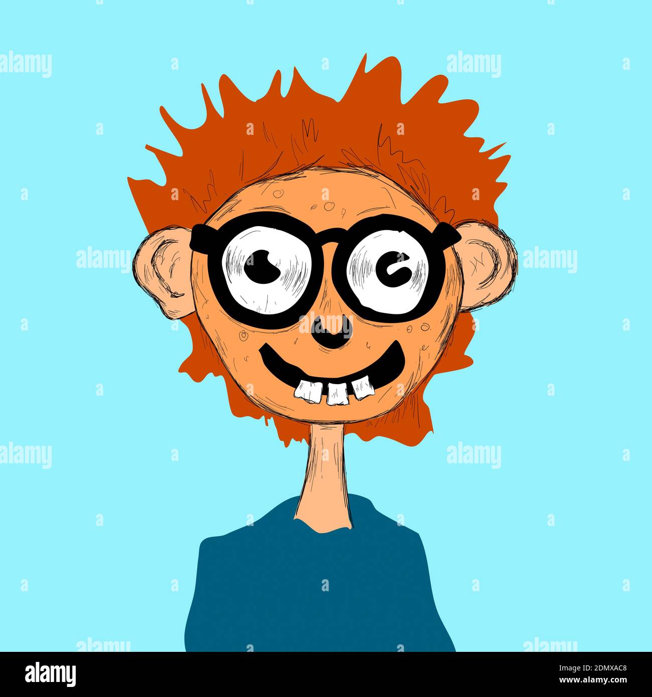 Caricature of weird, strange, freak, nerd, geek, an nut boy, man, and male person. Comic and cartoon red-haired character is smiling, wearing dioptric Stock Photo