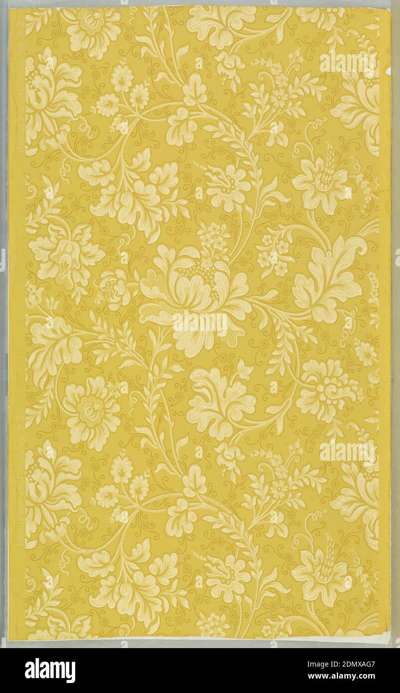 Sidewall, Howell and Brothers, 1835 – 1900, Machine-printed, Continuous scroll design formed by large peony flowers and a variety of imaginative flowers of medium size. Leaves forming scrolls are of a luxurious species. Stems, leaves and flowers are outlined with small pin point dots in deep gold color as are also the tendrils. From old house in Annisquam, Massachusetts. Printed in selvedge: 'Howelll & Brothers, Philada. 996 P 2'. Printed in deep gold and white on gold color., Philadelphia, Pennsylvania, USA, ca. 1880, Wallcoverings, Sidewall Stock Photo