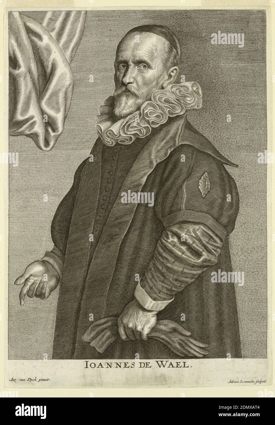 Portrait of Jan de Wael, from the Icones Principum Virorum, Adrien Lommelin, Anthony van Dyck, Netherlandish, 1599 – 1641, Etching on paper in black ink, Knee-length portrait of a standing old man in three-quarter view turned to left. He wears a skull-cap and a short-sleeved coat over a suit with a white pleated collar. He points to something with his right hand; in his left hand a pair of long gloves., Netherlands, 1660-1670, Print Stock Photo