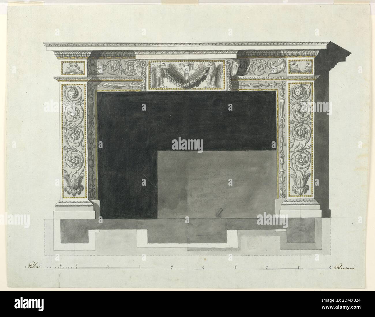 Design for a Chimneypiece, Pen and ink, brush and gray, yellow watercolor, graphite on paper, Horizontal rectangle. Design for a chimneypiece intended to be executed in white marble with a small band in gilt bronze. Pillars at the sides, the bodies with rinceaux springing from acanthus calyxes, the capitals with two theatrical masks with alternative sugestions. An inner framing frieze is decorated with grotesque candelabra. The center of the friezes above is projecting: two eagles are in a square supporting a festoon; above, a theatrical mask. At the outsides are two ram's heads with garlands Stock Photo