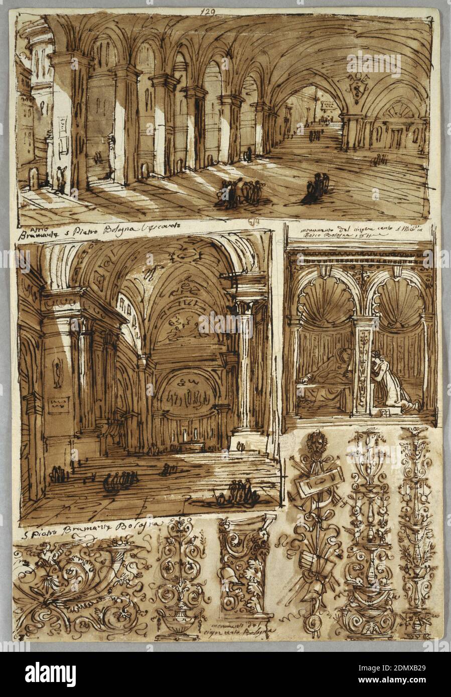 Sketchbook Page: Atrium, San Pietro, Bologna and Detail from San Pietro; Detail from S. Michele in Bosco; Verso, Geometrical Studies of Heads, Felice Giani, Italian, 1758–1823, Pen and brown ink, brush and brown wash over traces of graphite on laid paper, At top, atrium of archbishop in Bologna, shown with view of cathedral; inscribed: atrio/ Bramante s Pietro Vescovato. At left, interior of cathedral by Domenico Tibaldi, 1575; inscribed: S Pietro Bramante Bologna. At center, segment of stalls from S. Michele in Bosco, by Fra Raffaele, 1521. Two niches: priest hearing confession from woman Stock Photo