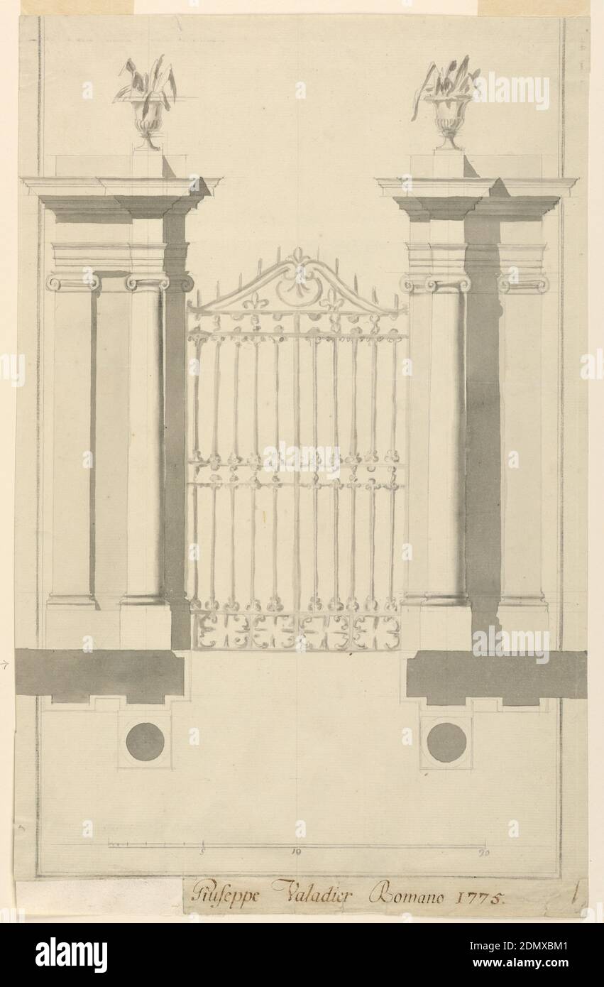 Entrance Gate to a Villa, Graphite, gray wash, partial ruled border in graphi Support: cream laid paper, Project design. A gateway in a garden or villa wall. The pair of iron gates is flanked by pairs of pilasters and on each side a projecting freestanding coumn. Pilasters and columns have ionic capitals. Each cornice is topped by an urn sprouting scraggly leaves. Below is the groundplan, and measurement scale., Rome, Italy, Italy, 1775, architecture, Drawing Stock Photo
