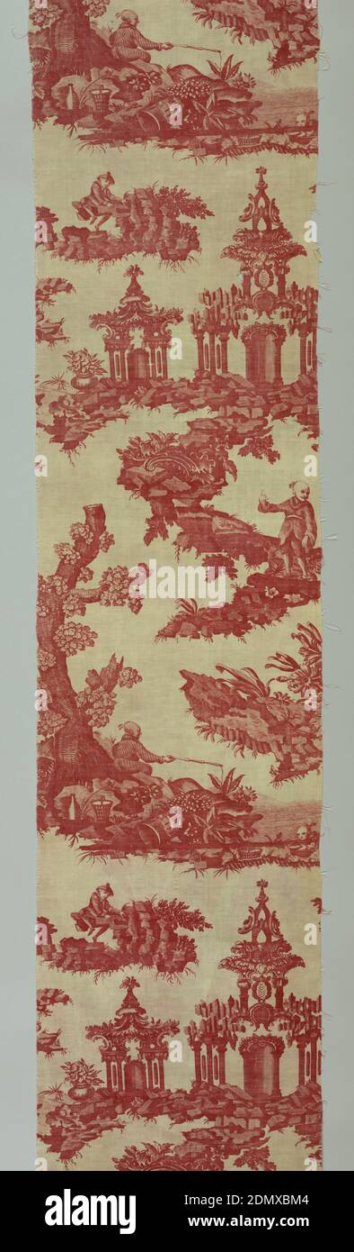 Textile, Medium: cotton Technique: printed by engraved copper plate on plain weave, Chinoiserie design printed in red on a white ground. A pagoda, and boys in Chinese dress on a rock, with birds, with jars, fishing. Another pavillion is formed with rocaille scrolls. The design is a copy of the Bromley Hall design 'Pagoda.', England, late 18th century, printed, dyed & painted textiles, Textile Stock Photo