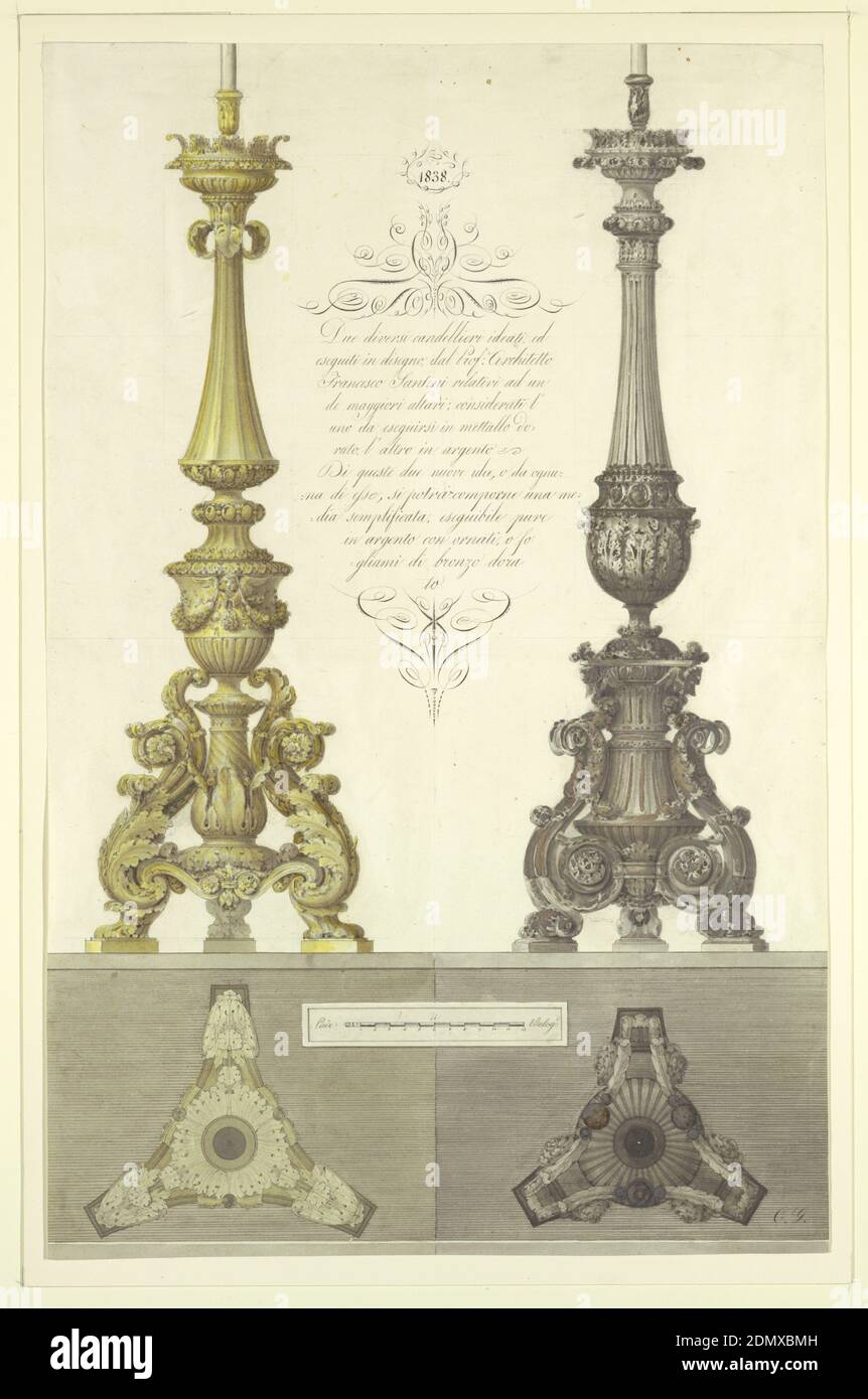 Two Designs for Candelabra, Francesco Santini, Italian, 1763 - 1840, Brush and watercolor, pen and ink, graphite, varnish on paper, Vertical rectangle. At bottom, a molded panel in the entire width of the sheet, with a plan of the bases, either with a correspondingly colored background. Above in the interval between the bases is a tablet with the scale: Piede di Bologna. The candelabra have Neo-Renaissance forms. The left one is supported by three leaf feet. The base consists of acanthus scrolls, connected below by other scrolls, and a baluster inside. The lower part of the shaft is a vase Stock Photo