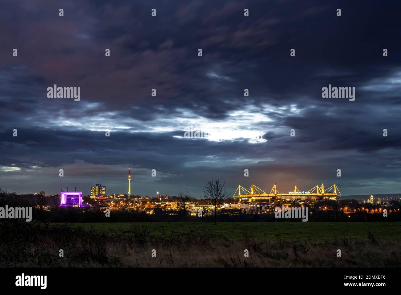 Panorama Dortmund with Inhouse, television tower Florianturm and Signal Iduna Park of the BVB 09 Stock Photo