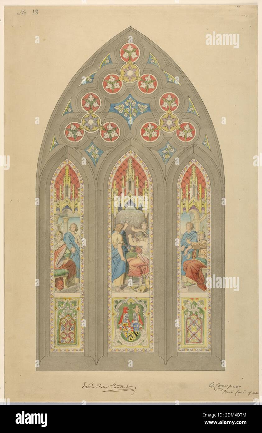 Design for Stained Glass Window, Sir Michael Robert Shaw-Stewart, Scottish, 1826–1903, W. Cowper, Brush and watercolor, pen and ink, graphite on paper, Three tall vertical panels, with pointed arches, each panel containing figures, under Gothic canopies. Coat-of-arms below central group, labeled on ribbon: SIR MICHAEL SHAW STEWART BART, Scotland, ca. 1860, glasswares, Drawing Stock Photo