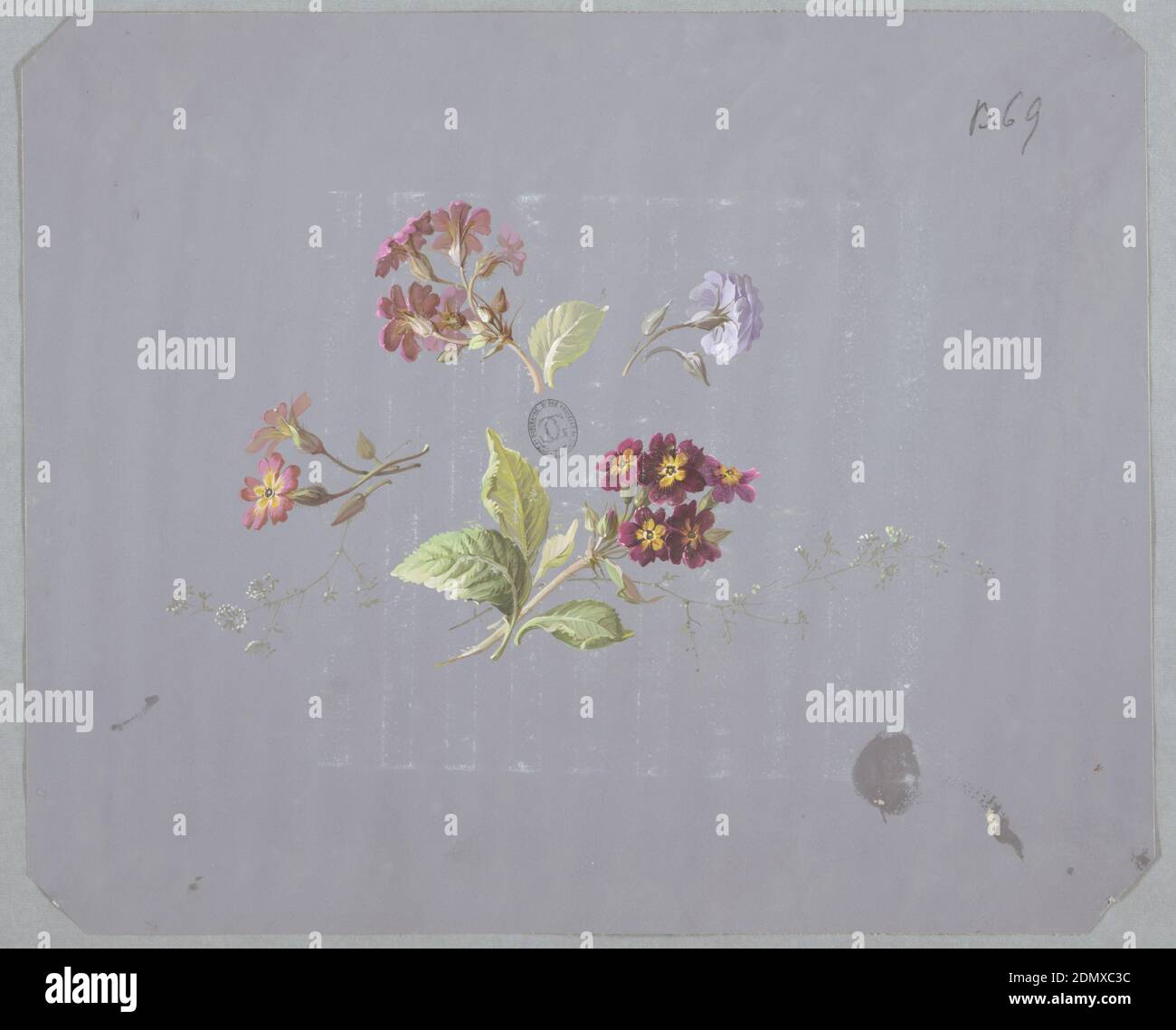 Design for Wallpaper and Textiles: Flowers, Brush and gouache on blue paper, Four clusters of flowers and foliage in various colors and sizes at center of page on gray ground. Clockwise from top: pink cluster of flowers and foliage facing away from viewer and to left, purple flower with foliage facing away from viewer and to right, cluster of maroon and yellow flowers and foliage facing towards viewer and to right, pink and yellow pair of flowers with foliage facing left., France, 19th century, wallpaper designs, Drawing Stock Photo