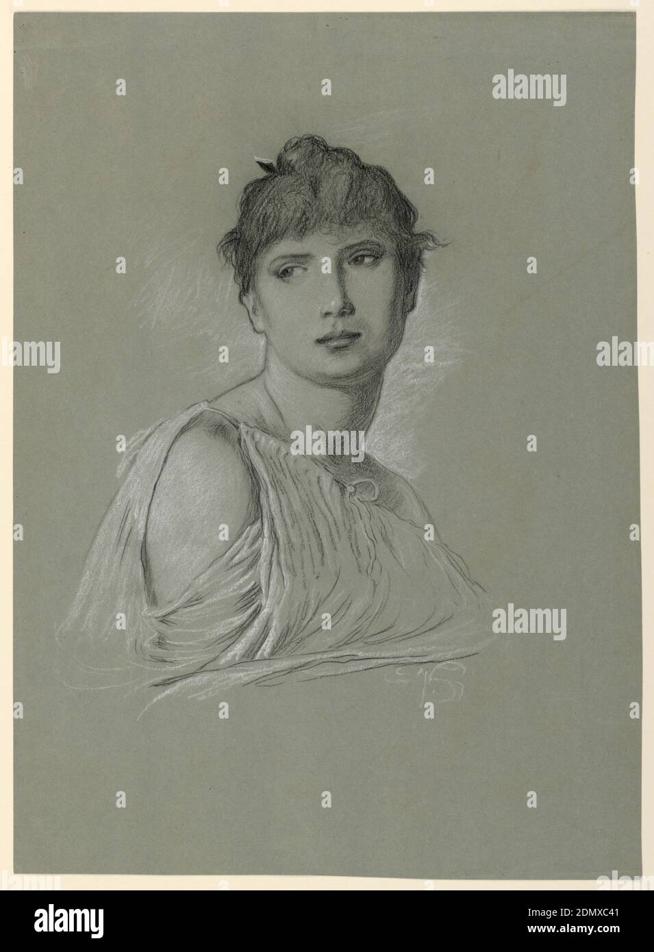 Portrait Sketch of a Young Woman, Elihu Vedder, American, 1836 – 1923, Black crayon, white chalk, on gray paper, Bust-length portrait of a young woman, turned toward the right, her head shown full-face looking at the viewer., USA, ca. 1885, portraits, Drawing Stock Photo