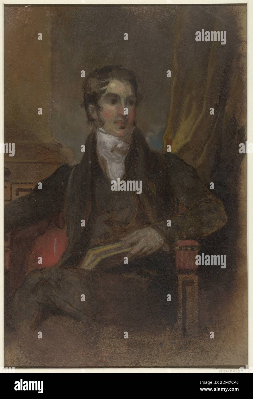 Study for 'Portrait of James Cornell Biddle,' Museum of Fine Arts, Houston, TX, Thomas Sully, 1783 – 1872, Brush and oil paint on paperboard, Three-quarter length portrait of a male figure, seated in an armchair, facing the spectator. A book is held in his left hand, a finger in the volume, marking a place., USA, 1841, portraits, Drawing Stock Photo