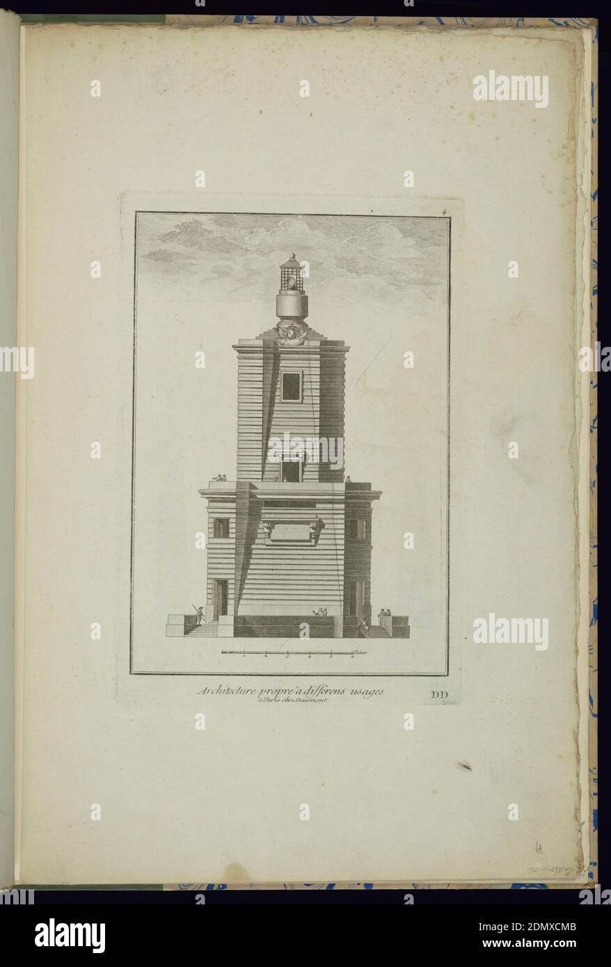 Architecture propre a differens usages (Architecture for Different Uses), from Suite DD of Cahiers of Jean Charles Delafosse, Jean-Dominique-Etienne Le Canu, French, active 1750–70, Engraving on white laid paper, Tower with horizontal panels topped with light. Scale at the bottom., France, 1750–70, architecture, Print Stock Photo