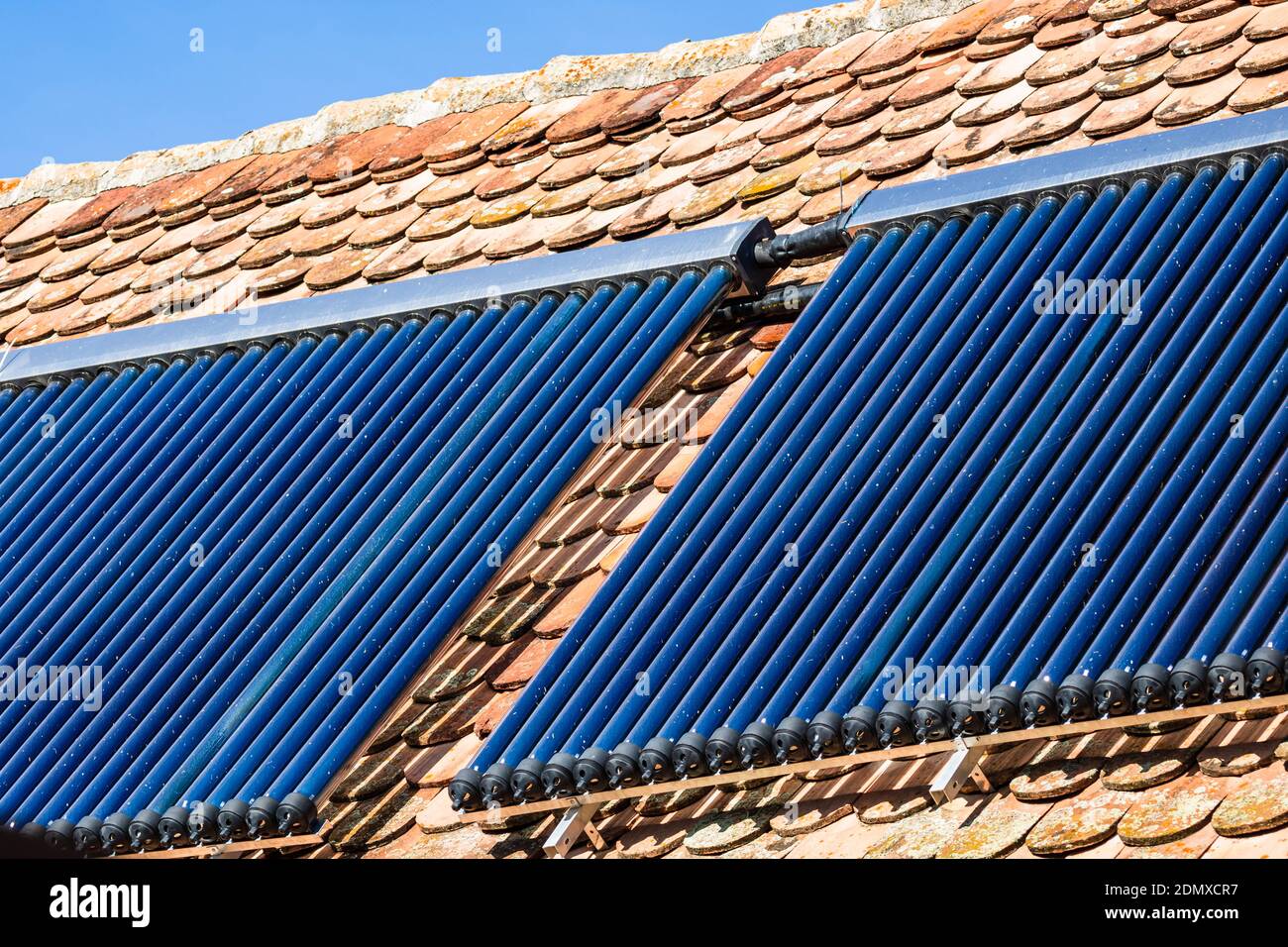 Close up of solar water heater on roof top. Solar panel for hot water