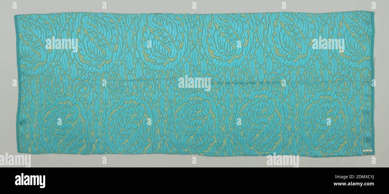 Textile, Duplan Silk Corporation, (Hazleton, Pennsylvania, USA), Medium: silk Technique: compound satin weave, Bright blue-green ground with closely-spaced allover highly conventionalized floral medallion design in satin weave against a ground of plain weave combined with supplementary yellow weft., USA, 1920, woven textiles, Textile Stock Photo
