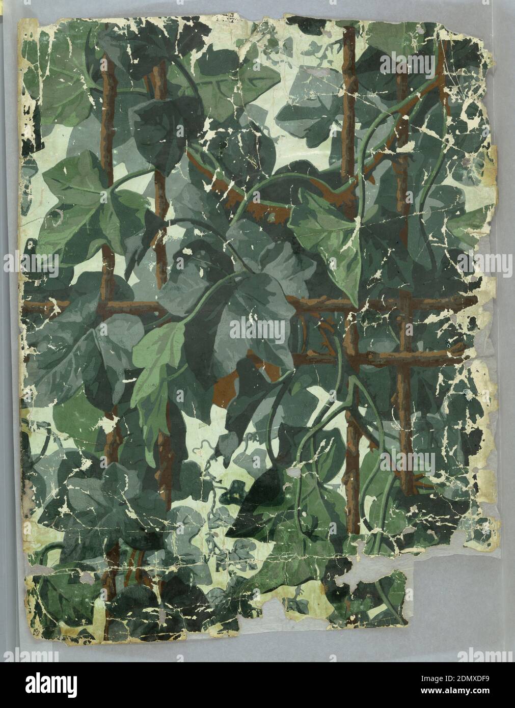 Sidewall, Desfossé et Karth, French, 1863, Block-printed paper, On white ground trellis work of thick brown branches with oversized ivy leaves entwined., Paris, France, 1850–60, Wallcoverings, Sidewall Stock Photo
