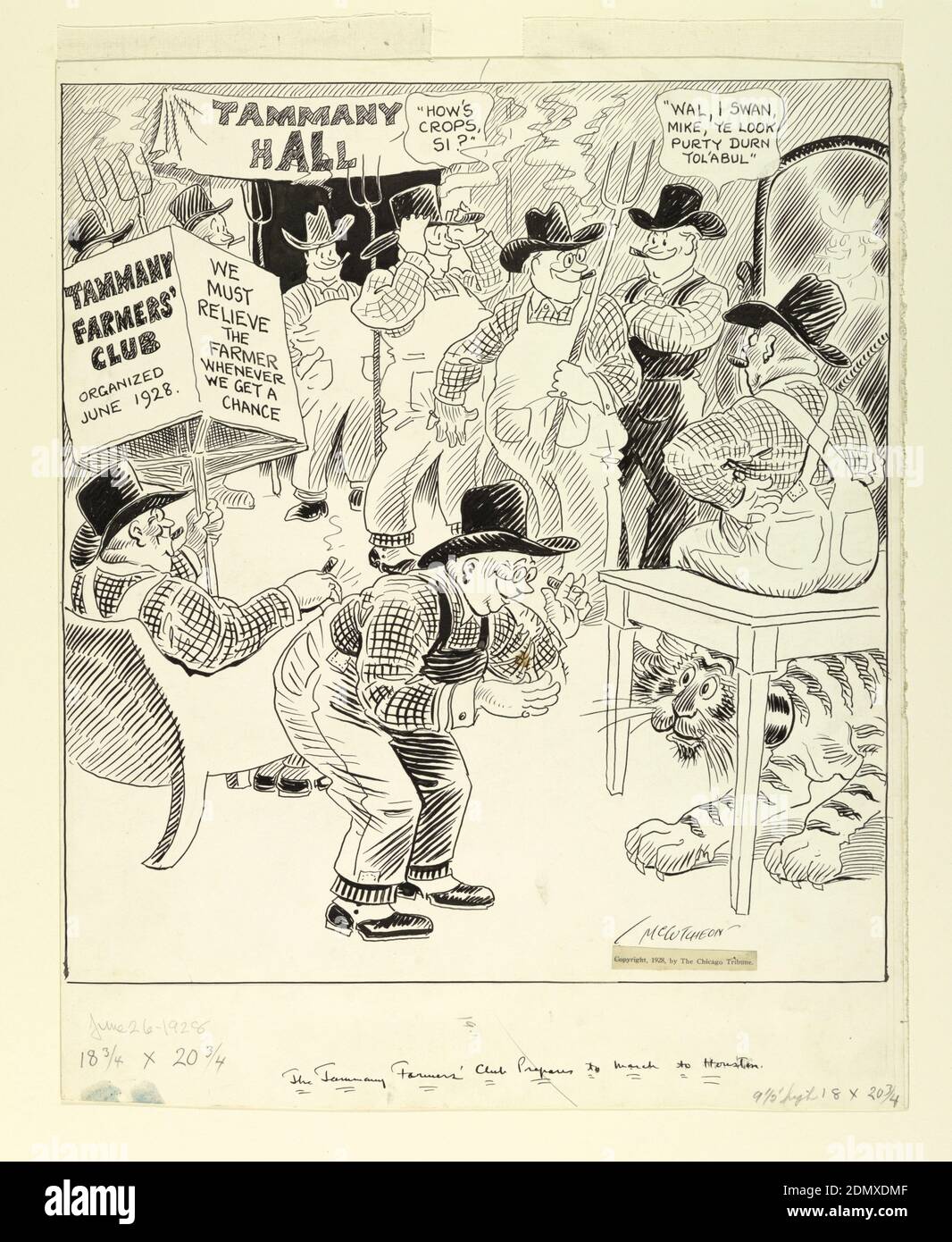 The Tammany Farmers' Club Prepares to March to Houston, Pen and black ink, graphite on illustration board, Cartoon for The Chicago Tribune on June 26, 1928. The Tammany farmers are gathered in a room, with their tiger hiding under the table, attempting to be coaxed out by one member., USA, 1896, figures, Drawing Stock Photo