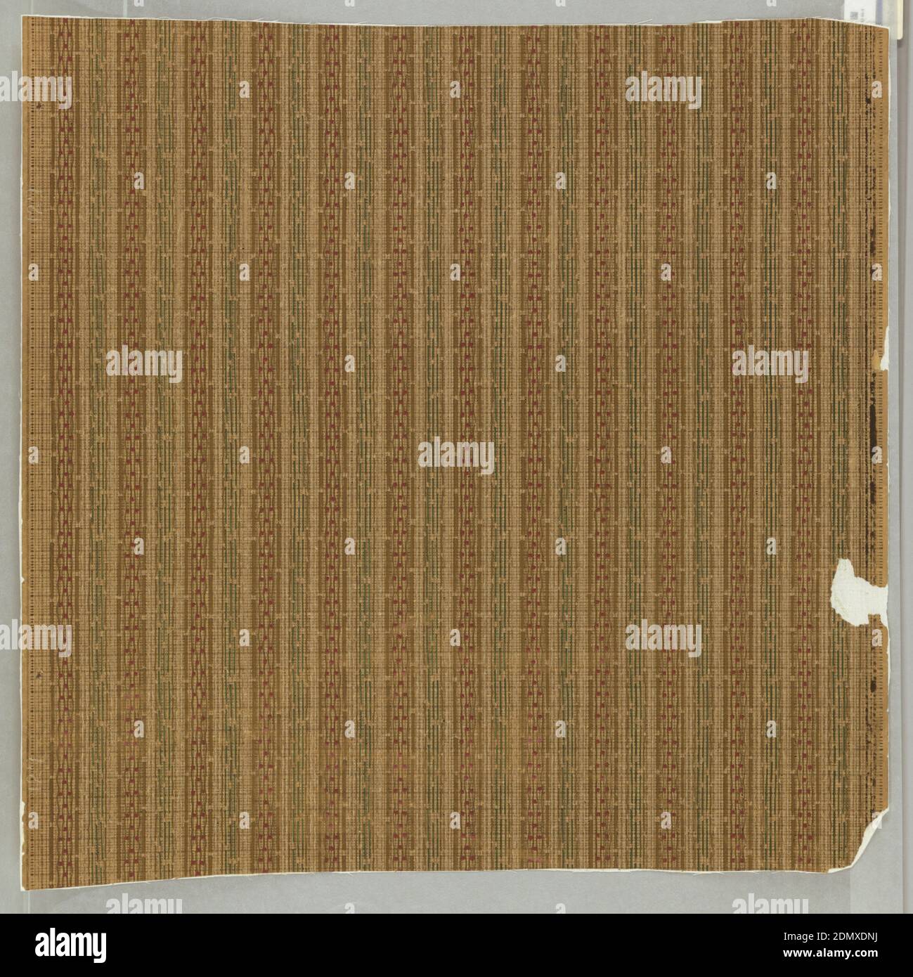 Sidewall, Machine-printed, Vertical stripes of interrupted lines in brown and green, interspersed with red dots. On brown ground, imitating textile weave., USA, 1900, Wallcoverings, Sidewall Stock Photo