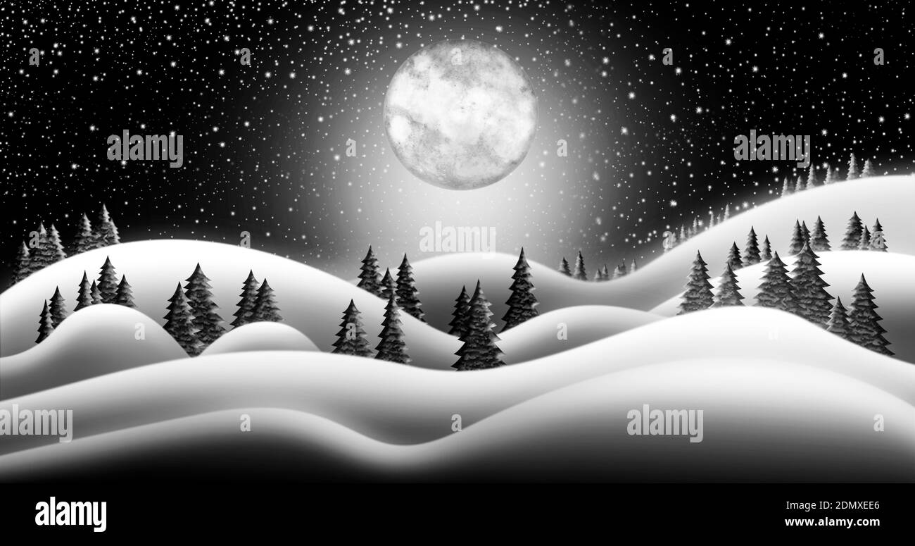 Christmas Night and the Snow Fields of North Pole With Full Moon