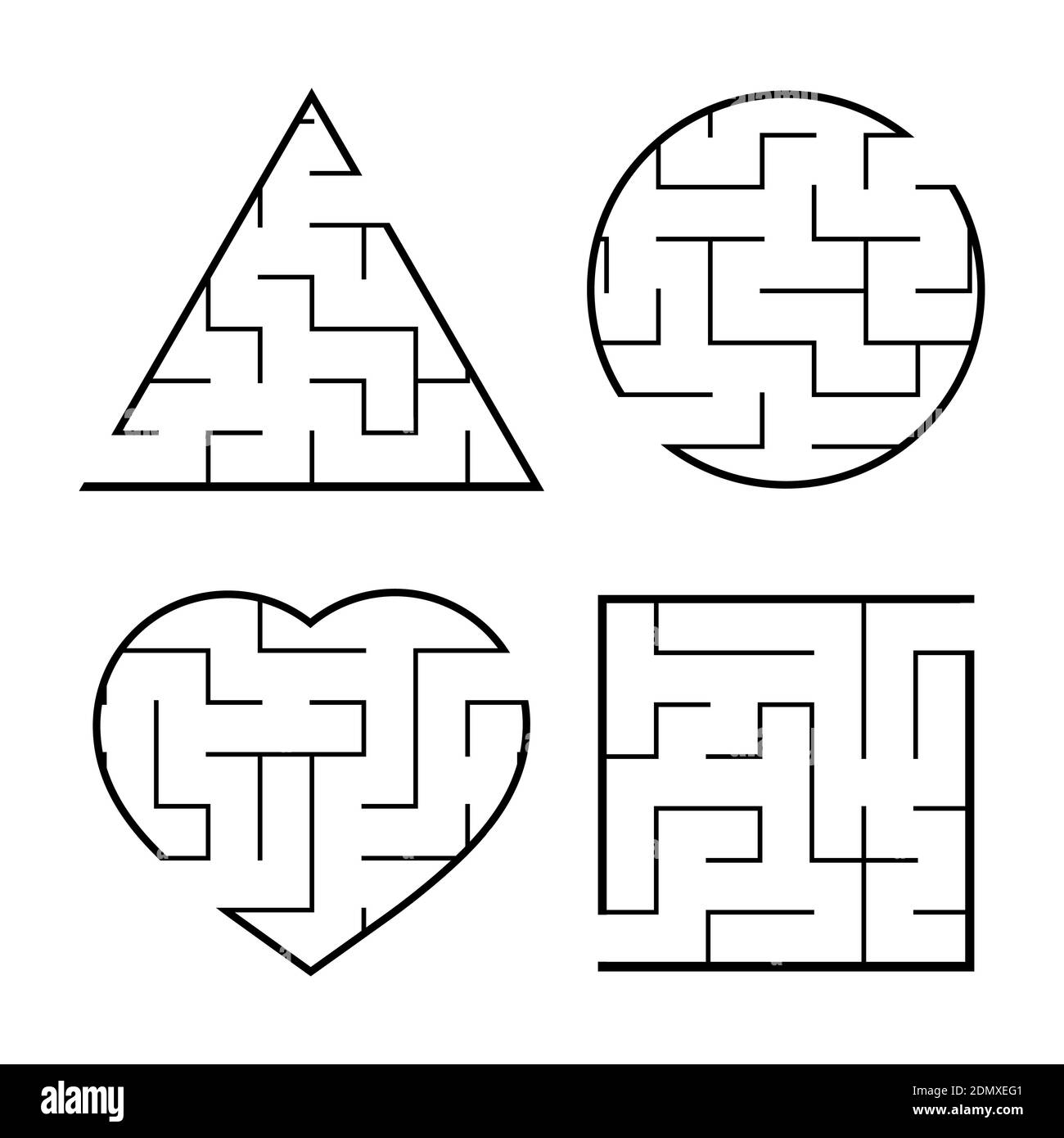 A set of easy mazes. Circle, square, triangle, heart. Game for kids