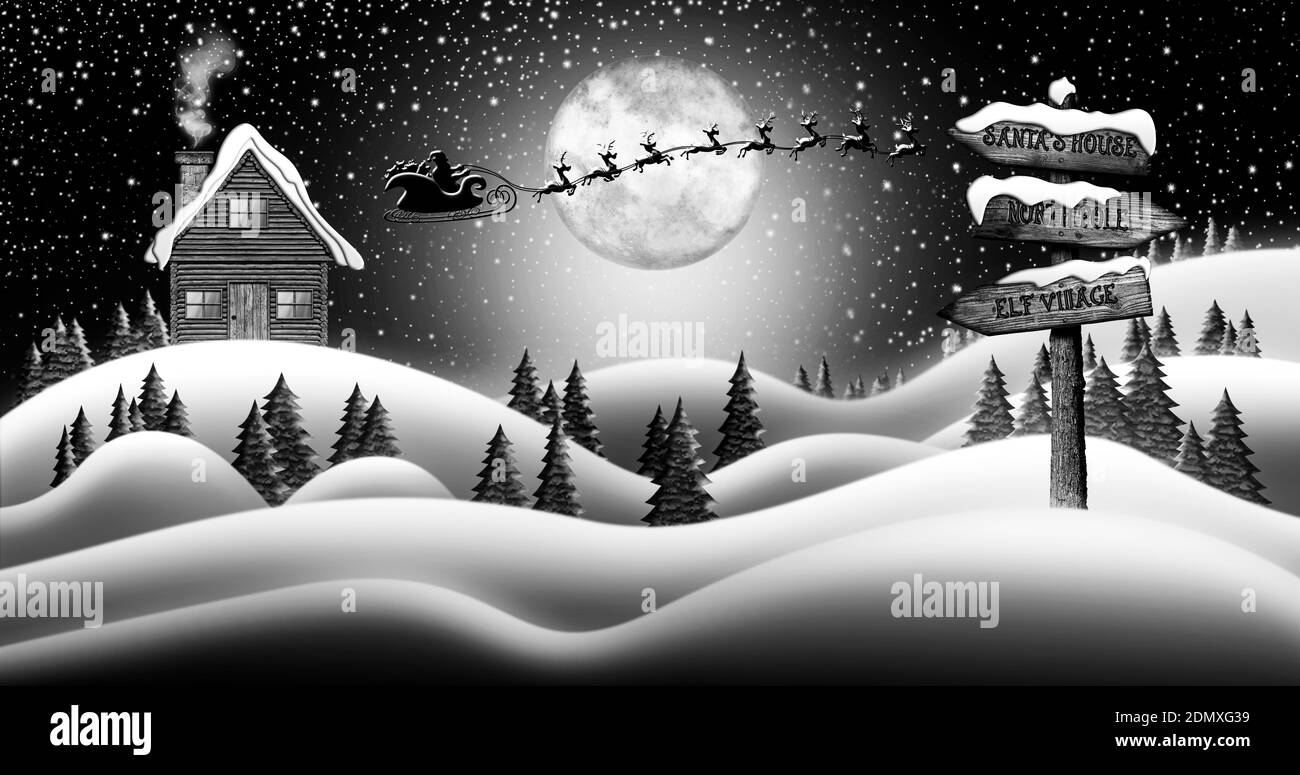 Santa Clause and Reindeers Sleighing Through Christmas Night Over the Snow Fields with Directional Sign Leading To Elf Village, North Pole and Santas Stock Photo