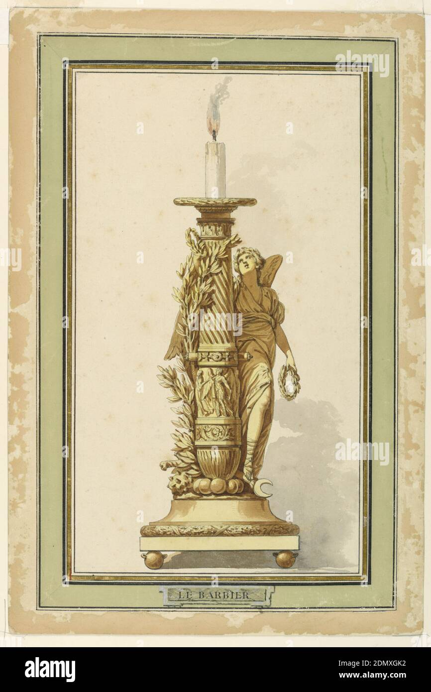 Design for a Bronze Candlestick, Jean-Jacques-François Le Barbier, French, 1738 – 1826, Pen and black ink, brush and gray, brown wash, yellow watercolor on laid paper lined with paper mount, The design for the candlestick is positioned at the center of the sheet. The shaft of the candle stick is composed of a winged female figure (the genius of Peace) standing beside a gun barrel, positioned vertically, which supports the socket with a burning candle. The female figure has the right foot on a staff with a crescent. A ring of grenades support the base. Mount has monogram FR and gilt border Stock Photo