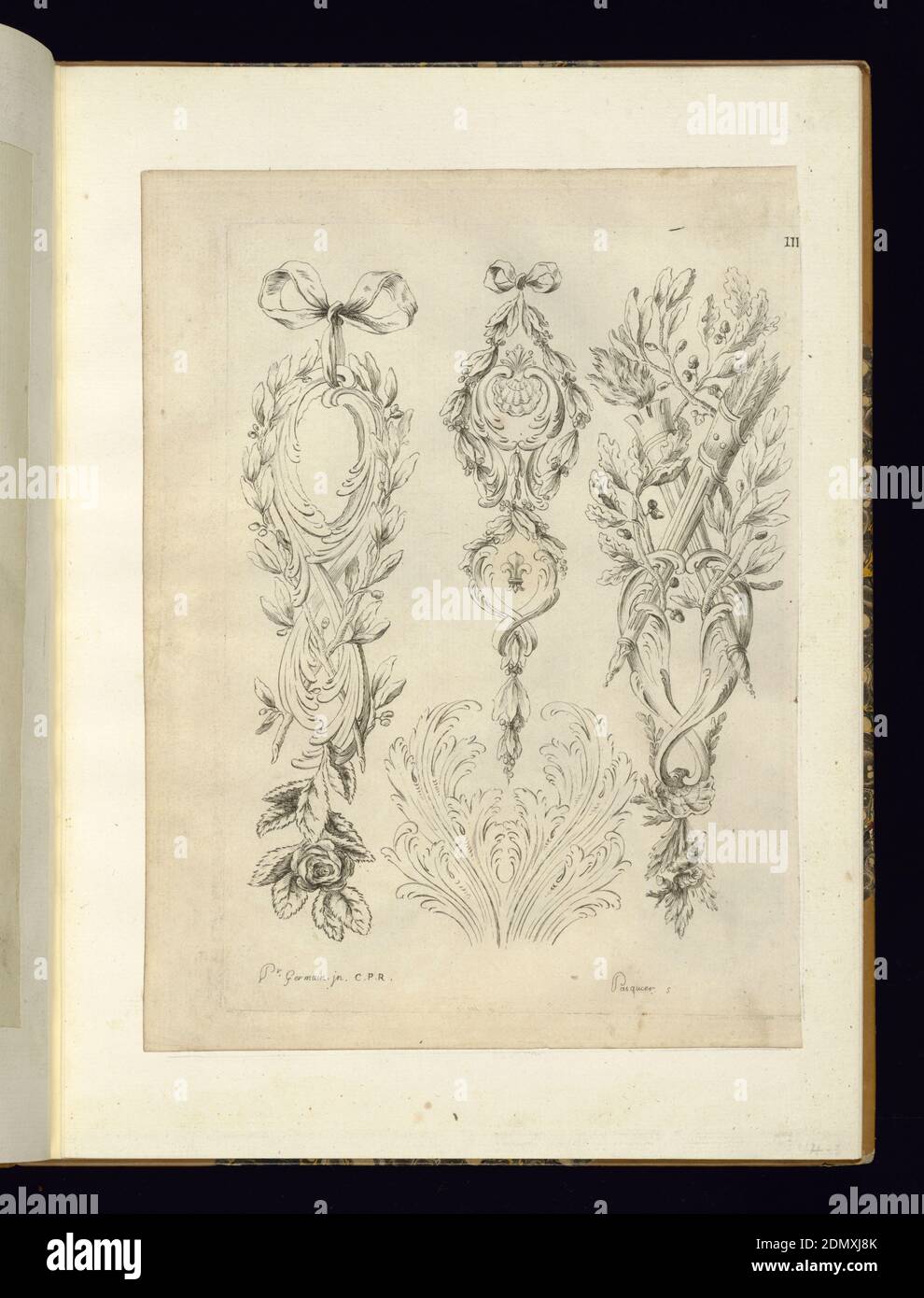 Ornamental Friezes, Pierre Germain, French, 1703 - 1783, Jacques Jean Pasquier, French, died 1785, Engraving on white paper, Rocaille design for three ornamental friezes., France, 1751, ornament, Print Stock Photo