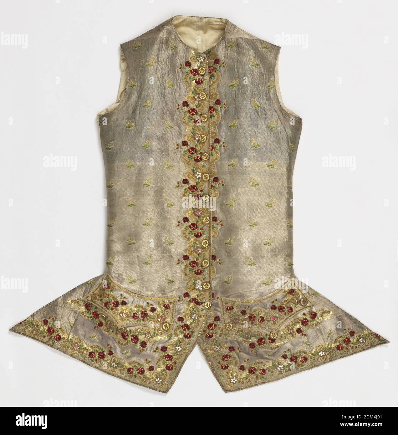 Waistcoat, Medium: silk, metallic thread Technique: embroidered, plain and twill weave, Waistcoat of silver cloth brocaded in a small flower pattern with a two and half inch border, woven in one with the cloth. Metal is bound in twill weave. Border is an elaborate combination of chenille and three kinds of fine gold cord. Design is small red roses and green foliage in chenille intertwined with a meander of gold, and ornament in meander of raised loops. Flower heads of foil outlined in fine gold bullion stitches; outline of parts of the design, of front of waistcoat, and of pockets Stock Photo