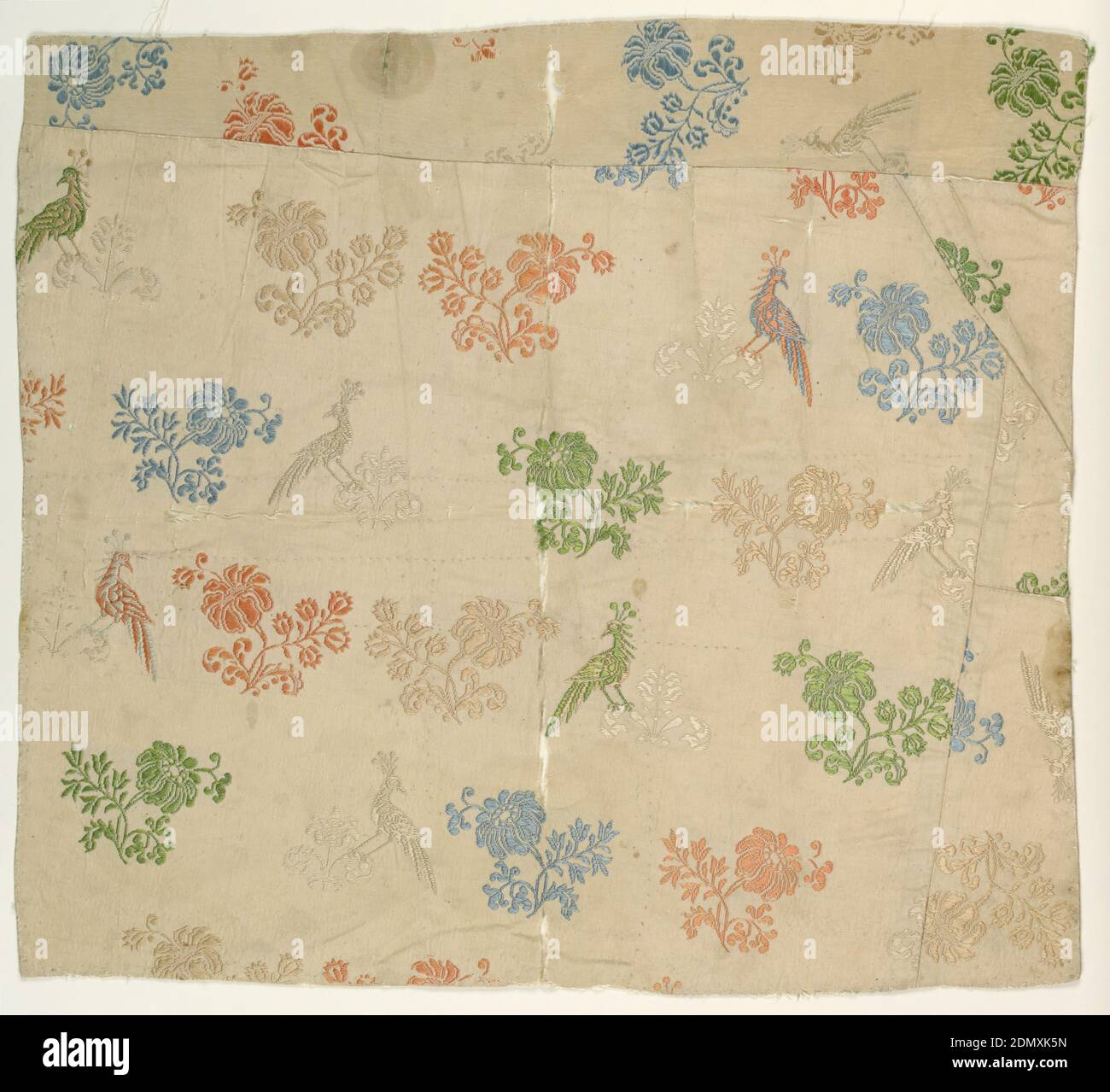 Fragment, Medium: silk Technique: plain weave with discontinuous supplementary wefts (brocading), Polychrome detached floral sprays and birds on cream ground, 17th century, woven textiles, Fragment Stock Photo