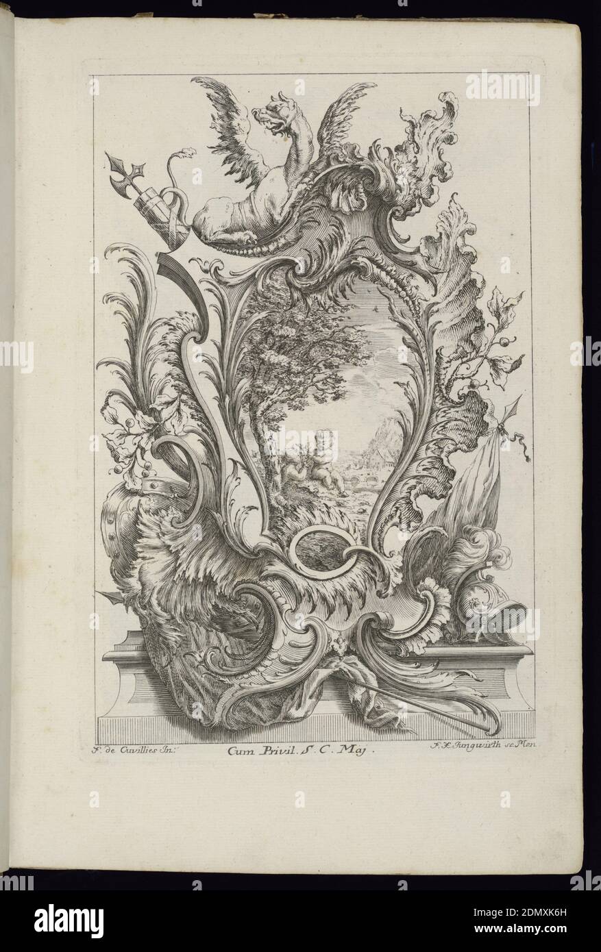 Cartouche with a Dragon and Armorial Trophy, Livre de Cartouches à divers usages (Book of Cartouches for Different Uses), François de Cuvilliés the Elder, Belgian, active Germany, 1695 - 1768, Franz Xaver Andreas Jungwierth, German, 1720–1790, François de Cuvilliés the Elder, Belgian, active Germany, 1695 - 1768, Etching and engraving on paper, Cartouche framed with a winged dragon and battle weapons (including spear, helmet, ax, shield). Within cartouche, a figural scene in Rococo style depicting two putti in a field below a tree--a town or village in background., Munich, Germany, 1738 Stock Photo