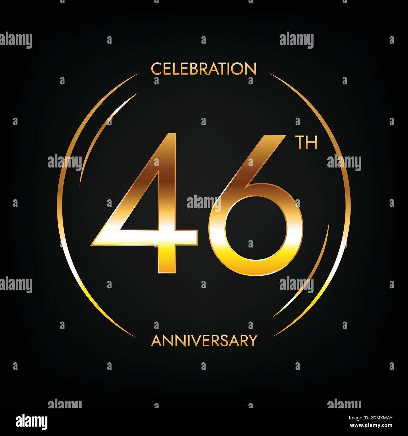 46th anniversary. Forty-six years birthday celebration banner in bright golden color. Circular logo with elegant number design. Stock Vector