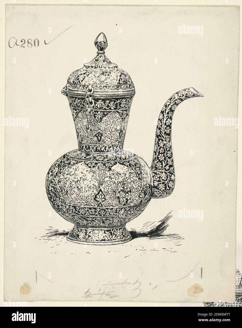 Ewer of Solid Silver made at Ispahan, Pen and black ink on paperboard, A ewer seen from the side. The entire surface is covered with bands of floral ornament., USA, 1886, graphic design, Drawing Stock Photo