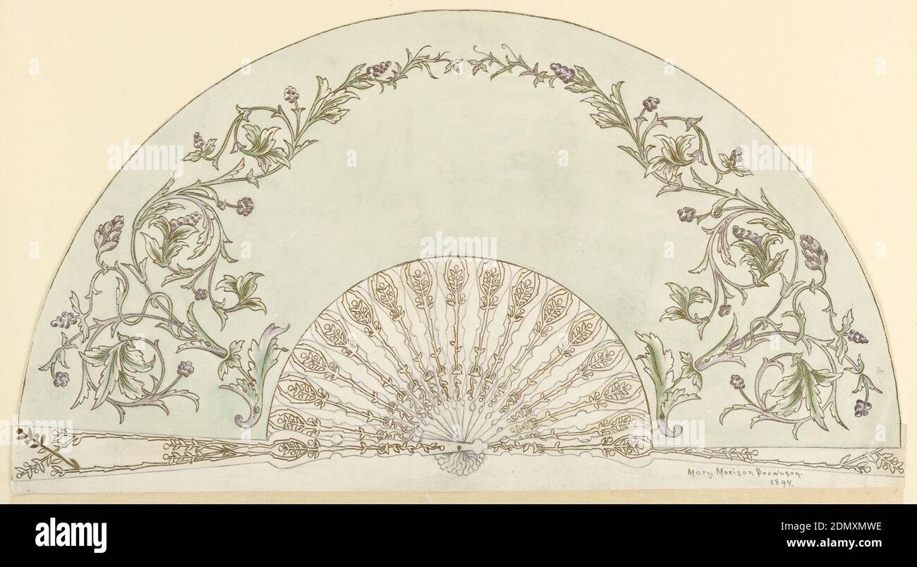 Design for a Fan, Mary Morison Brownson, American, Graphite, gold, brush, and watercolor on paper, Design for a fan. Horizontal rectangle: A leaf and grape pattern, outlined in gold, against a neutral green background., Vertical crease, a student in the Woman's Art School, Cooper Union, Graduate-art, day, 1896, New York City, USA, 1894, costume & accessories, Drawing Stock Photo