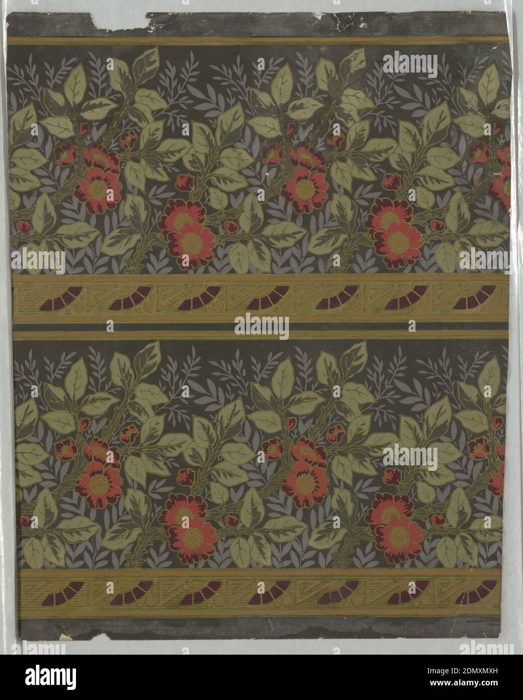 Border, Machine-printed, embossed, Two uncut identical borders. A profuse design of single five-petalled roses and sprays of leaves. In background are sprays of ferns. At bottom is a gold band with a fan-like motif. The field is entirely embossed in narrow thread-like horizontal lines., USA, 1890–1900, Wallcoverings, Border Stock Photo