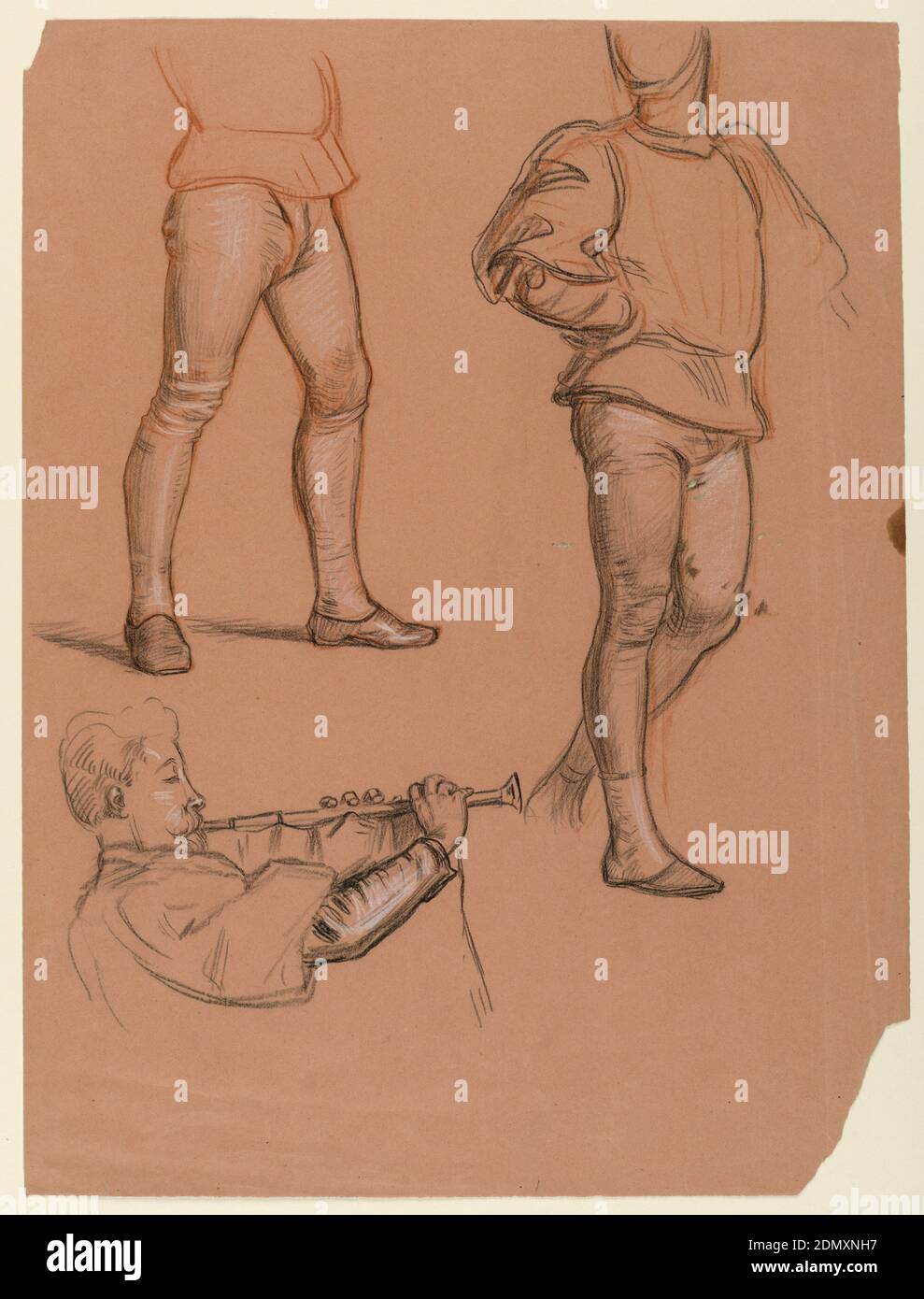 Study for 'Wedding Procession', Elihu Vedder, American, 1836 – 1923, Pastel crayon on paper, Sketches of male figures, emphasizing the legs. Below, left: bust-length study of a man blowing a trumpet, facing right in profile., USA, 1872–1875, figures, Drawing Stock Photo