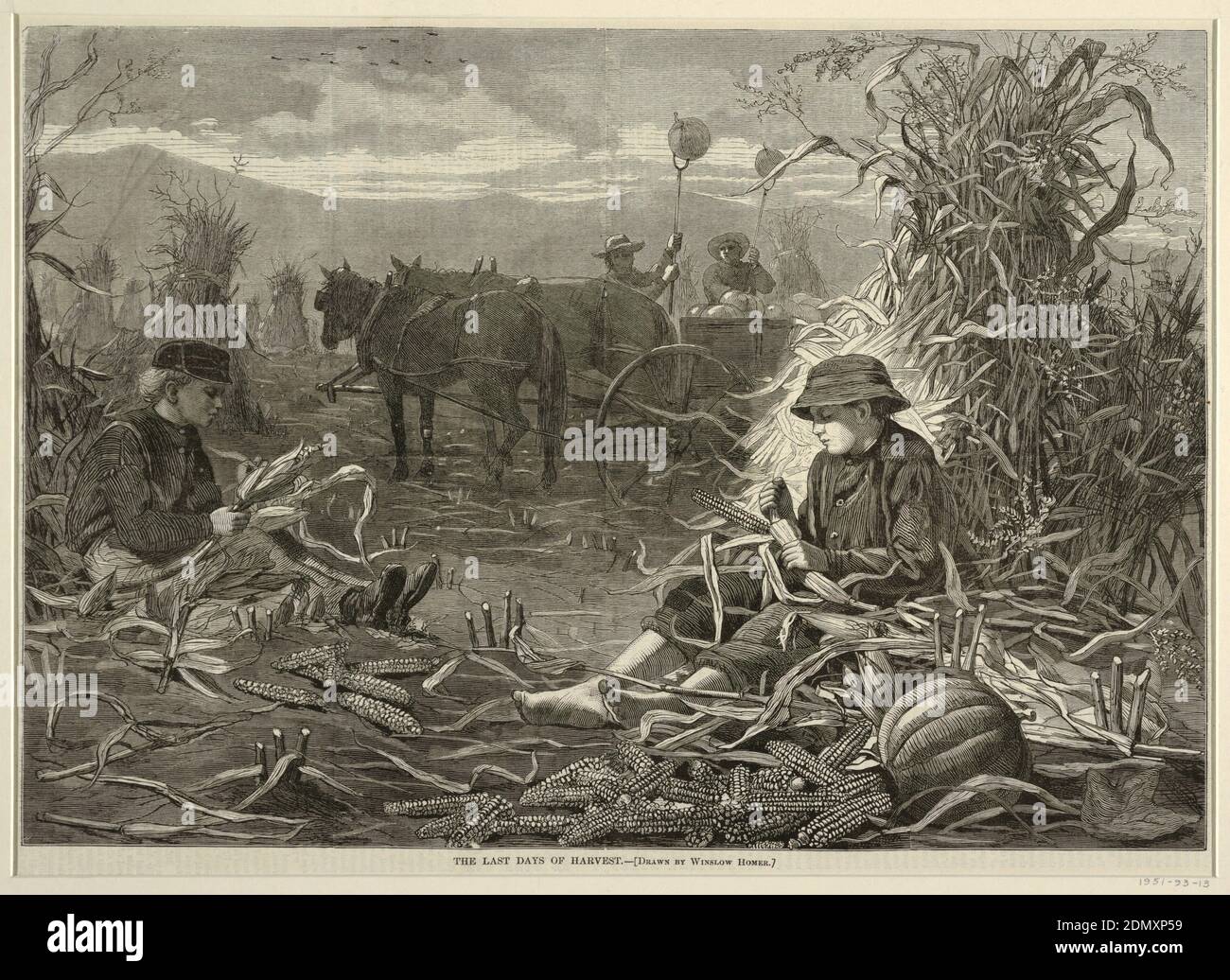 The Last Days of Harvest, from Harper's Weekly, December 6, 1873, p. 1092., Winslow Homer, American, 1836–1910, Wood engraving in black ink on newsprint paper, Horizontal scene showing, in the foreground, two small boys seated and husking corn with an open wagon filled with pumpkins in the background., USA, December 6, 1873, graphic design, Print Stock Photo